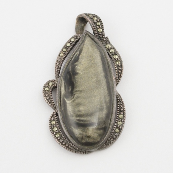 Vintage Golden Sheen Obsidian & Marcasite Sterling Silver Necklace Pendant - Picture 1 of 5